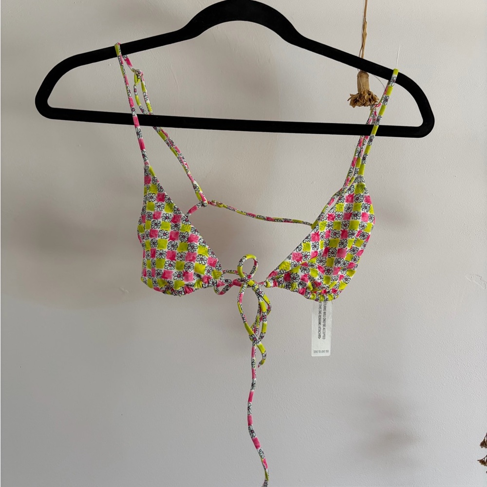 Colorful Checkered triangle front tie bikini Top